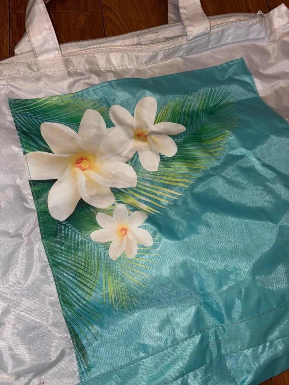 White and Turquoise Floral Tote Bag with Dual Handles